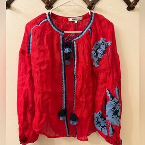 March 11 Tassled embroidered linen red and blue top